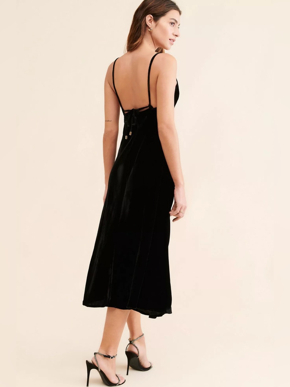 FARM Rio Black Richelieu Velvet Slip Midi Dress Lace Trim Spaghetti Strap Size L - Picture 5 of 16